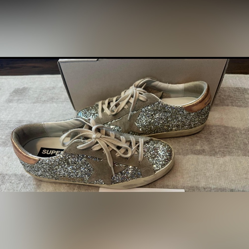 Golden Goose Superstar Platinum Glitter with Dove-Gray Suede Star (Size 38)